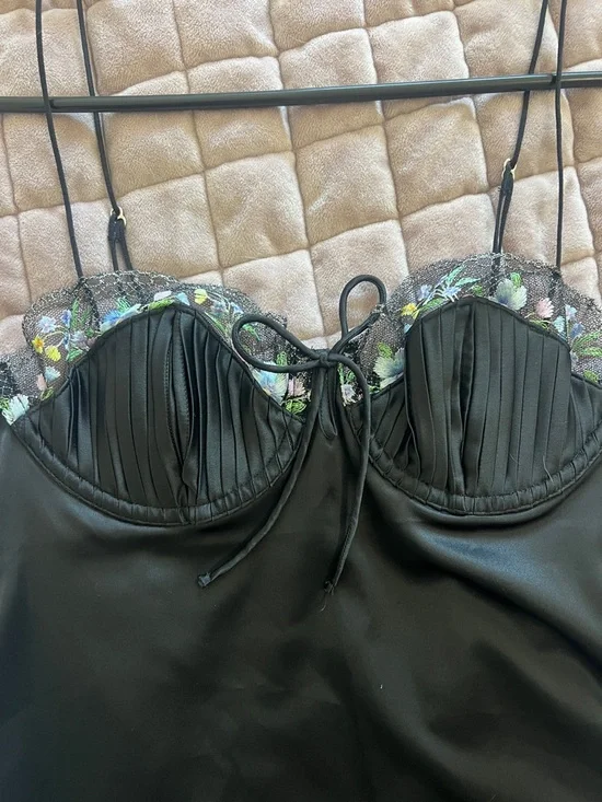 For Love & Lemons Black Satin Slip Dress with Lace Trim - Picture 3 of 3